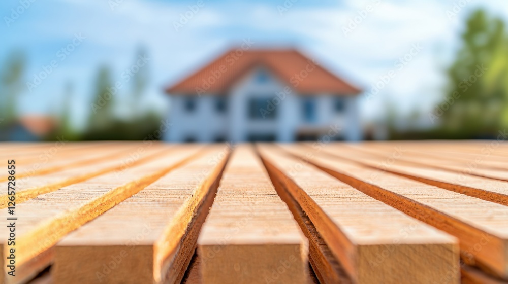 Home insurance property and earthquake, A close-up view of wooden planks laid out in perspective with a house blurred in the background, showcasing construction materials in a serene environment. Home insurance property and earthquake, A close-up view of wooden planks laid out in perspective with a house blurred in the background, showcasing construction materials in a serene environment.