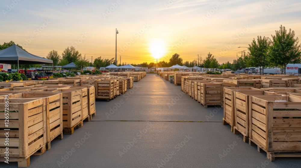 Obraz premium Wooden crates lining pallets, casting long shadows at sunset during empty farmer's market, minimalist rural stillness