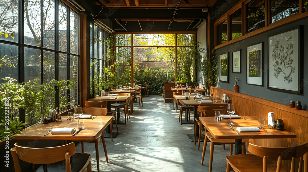 Fototapeta premium Sunlit restaurant interior, wooden tables, plants, city view, dining ambiance, stock photo