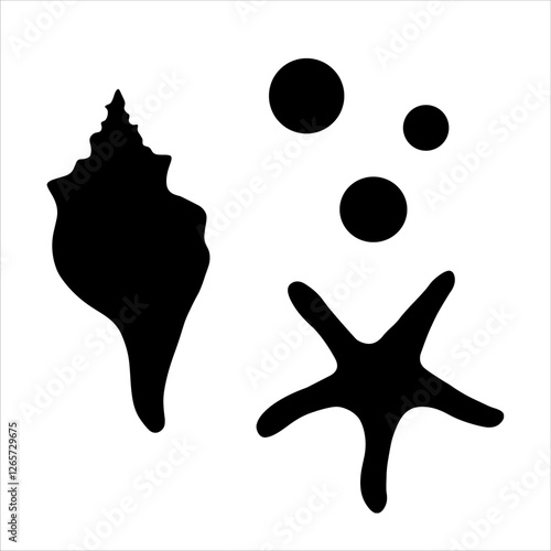 Vector silhouette of shells, starfish and bubbles. Illustrations of the sea underwater world drawn with black ink. Black outline icon of shell and mollusks