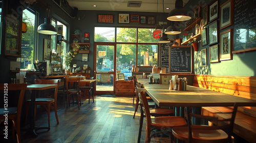 Wallpaper Mural Sunny cafe interior, street view, wooden tables, breakfast Torontodigital.ca