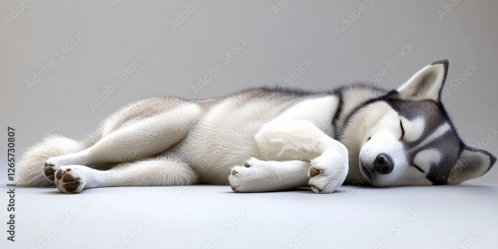 Fototapeta premium Relaxed 3D Siberian Husky Lying on Its Side with Curled Tail