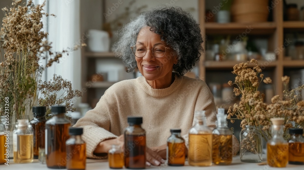 An older woman with curly hair smiles while preparing herbal remedies, surrounded by various glass bottles filled with oils and dried flowers An older woman with curly hair smiles while preparing herbal remedies, surrounded by various glass bottles filled with oils and dried flowers