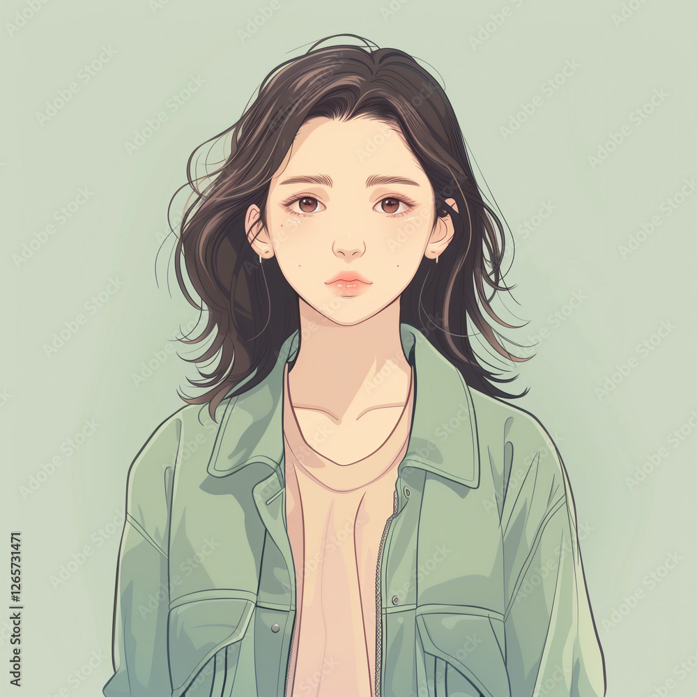 A young individual with long, wavy hair dressed in a light green jacket and basic t-shirt. The illustration showcases a modern, minimalist style with a soft color palette. A young individual with long, wavy hair dressed in a light green jacket and basic t-shirt. The illustration showcases a modern, minimalist style with a soft color palette.