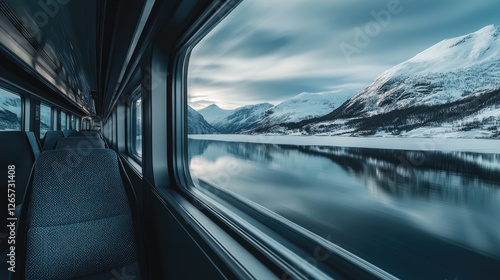 A magical winter landscape of Norway fjords, with snow-covered peaks reflecting on icy waters, seen from a train window.