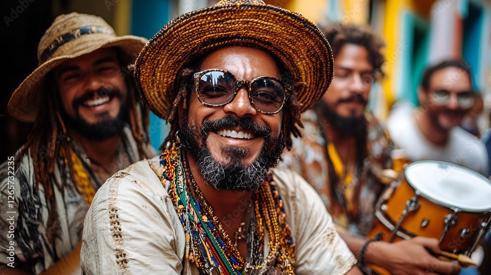 Diverse group of musicians smiling and playing instruments outdoors Diverse group of musicians smiling and playing instruments outdoors