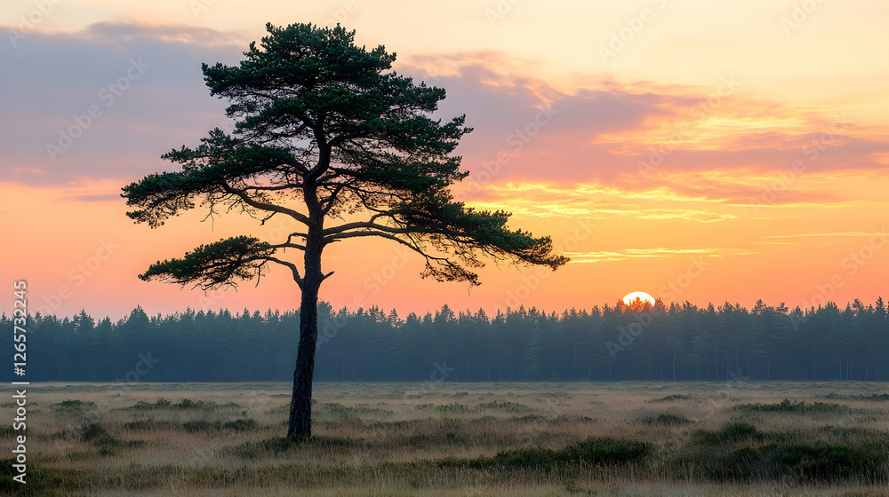 Fototapeta premium Sunrise over pine tree in misty moorland