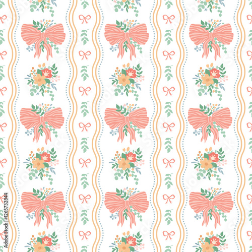 Pink coquette seamless pattern with floral bow knots, cute flowers, leaves, vertical stripes. Summer grand millennial print cottage core design. Vector repeat background, wallpaper, retro textile