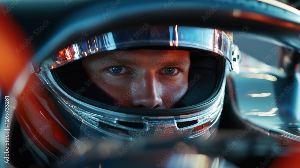 A man in a racing helmet is looking at the camera A man in a racing helmet is looking at the camera