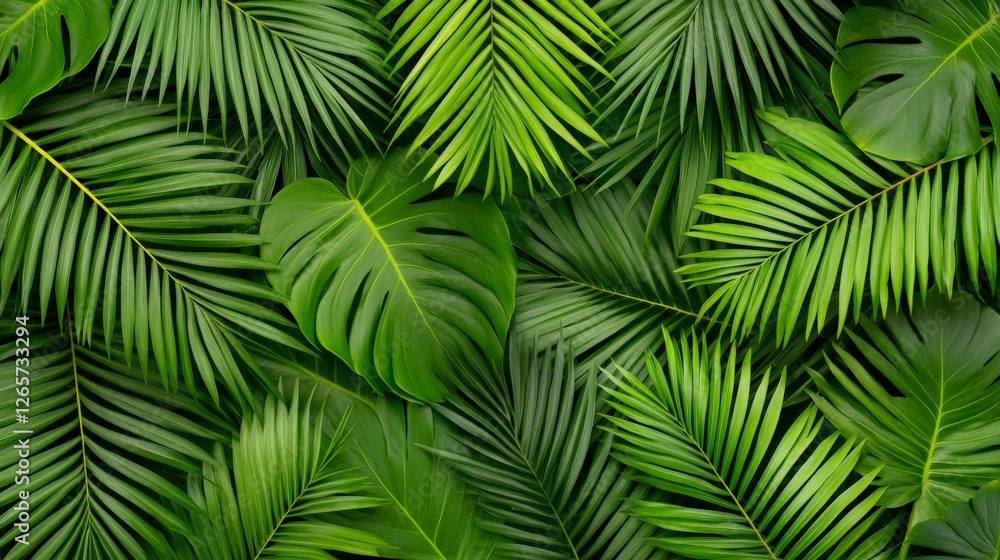 Lush Greenery with Vibrant Palm Leaves on a Verdant Backdrop Lush Greenery with Vibrant Palm Leaves on a Verdant Backdrop