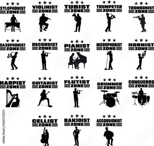 Unique Musicians Instrumentalists Silhouettes collection, Brass band play vector silhouette music player, Musician entertainment folklore illustration art and vector.
