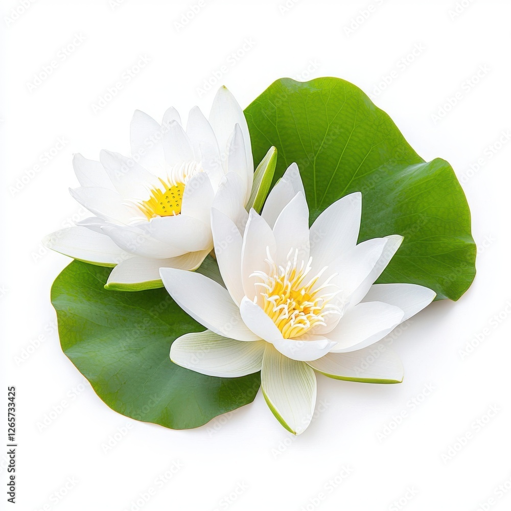 White lotus flowers on green leaves, white isolate background. White lotus flowers on green leaves, white isolate background.