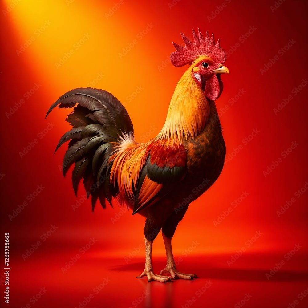 Fototapeta premium Rooster standing proudly with vibrant colors on red background