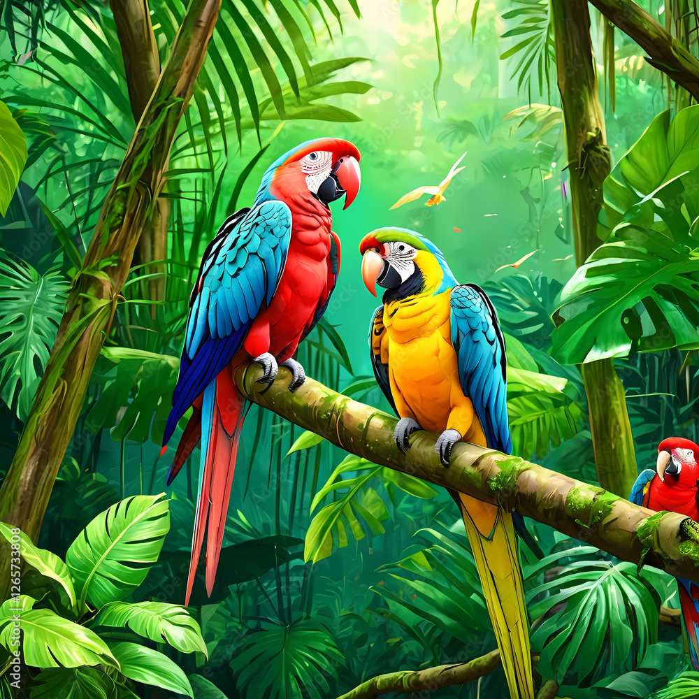 Obraz premium Illustration of a tropical rainforest with parrots