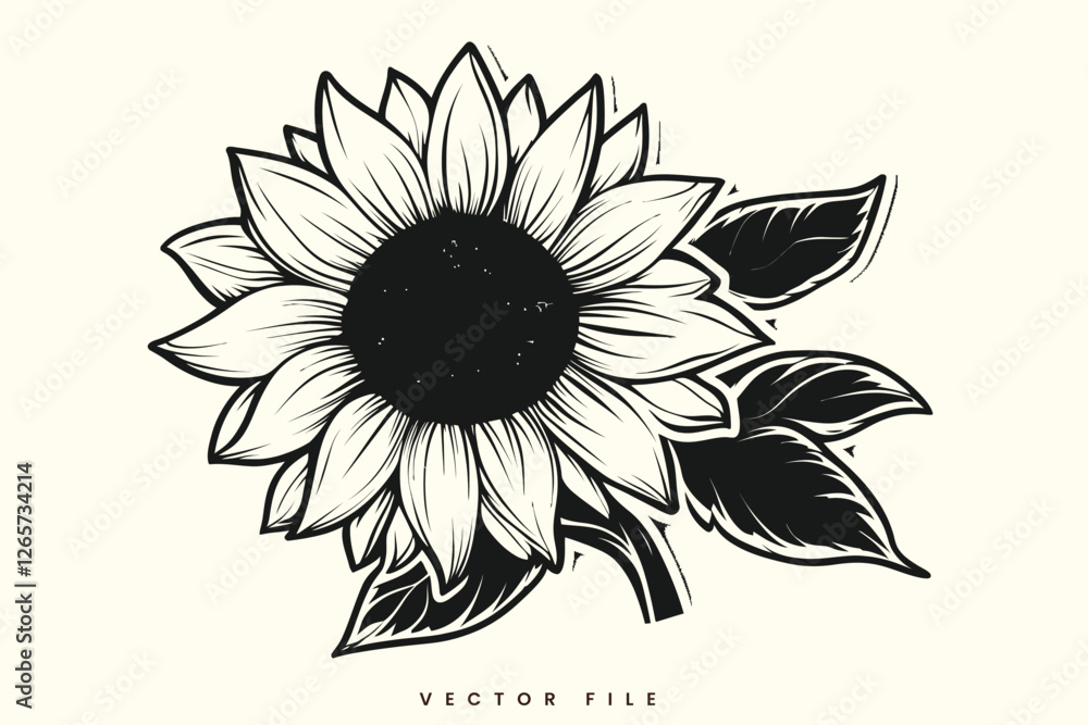 Fototapeta premium Black and White Sunflower Floral Vector Illustration with Petals and Leaves, Featuring a Decorative Spring and Summer Design