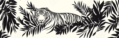 Zebra Skin Pattern Seamless Design with Wild Animal Motifs, Including Tiger, Lion, and Feline Elements, in A Tribal and Bold Illustration Style.