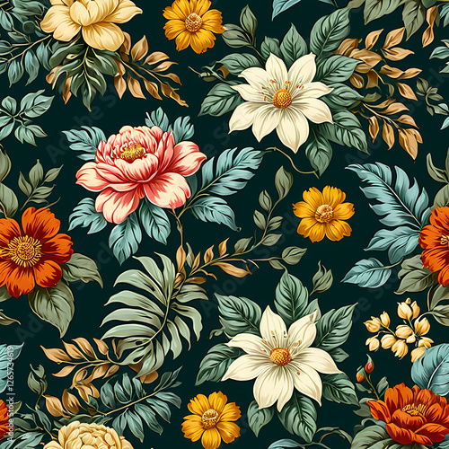 Leopard with flowers and leaves in vintage style, seamless pattern. 