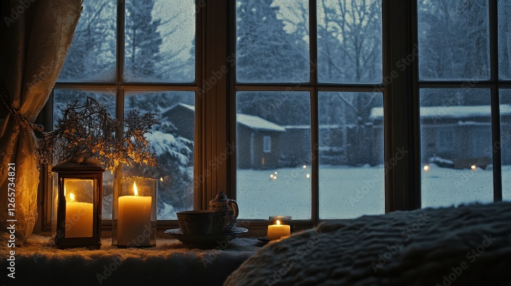 Cozy window view with candles illuminating a snowy scene
