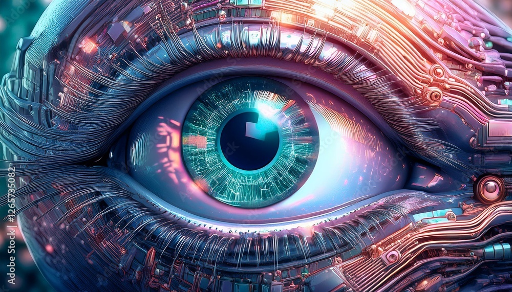 abstract electric circuit close up of digital robotic eye, technology and medical science concept