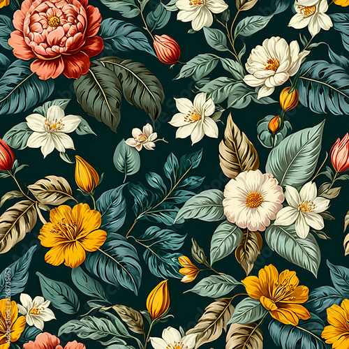 Leopard with flowers and leaves in vintage style, seamless pattern. 