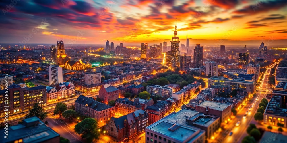 Obraz premium Dynamic Aerial Dusk Cityscape: Bokeh-Effect Illuminated Skyline & Architecture Stock Photo