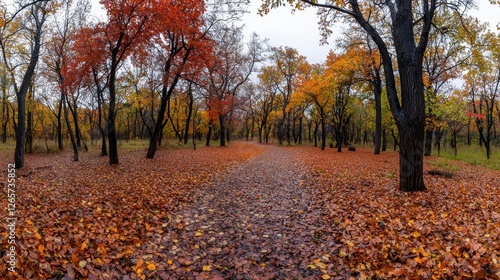 A forest with trees covered in leaves and a path through it