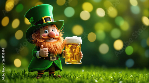 A joyful cartoon leprechaun in a green outfit holding a frothy beer mug, celebrating St. Patrick's Day with a festive bokeh background.