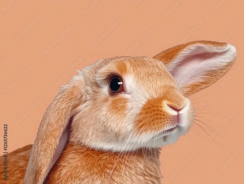 Holland Lop bunny with upright ears, side profile, warm peach background, soft fur texture, gentle expression. Holland Lop bunny with upright ears, side profile, warm peach background, soft fur texture, gentle expression.