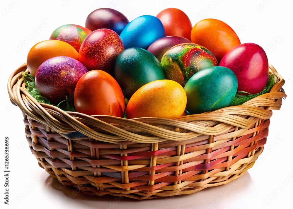 Easter Eggs in Rustic Basket, Low Light Photography, Isolated on White Background Easter Eggs in Rustic Basket, Low Light Photography, Isolated on White Background