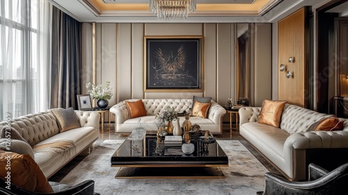 Wallpaper Mural Elegant living room interior design featuring three beige tufted sofas Torontodigital.ca