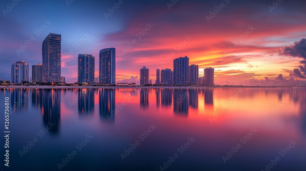 Obraz premium Expensive highrise hotels and condos over sandy beachfront on Atlantic ocean shore in Sunny Isles Beach city at sunset. American tourism infrastructure in southern Florida