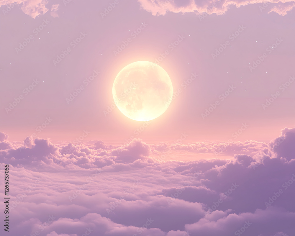 A serene and ethereal full moon glowing in a pastel sky filled with soft clouds, symbolizing peace, tranquility, and the beauty of nature's celestial wonders. A serene and ethereal full moon glowing in a pastel sky filled with soft clouds, symbolizing peace, tranquility, and the beauty of nature's celestial wonders.