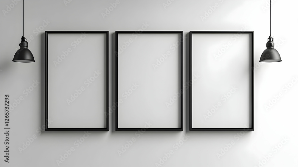 Three blank frames on white wall, minimalist interior, mockup. Use Interior design, advertising Three blank frames on white wall, minimalist interior, mockup. Use Interior design, advertising