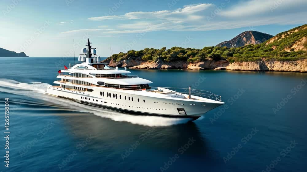 A luxurious yacht gliding through crystal-clear waters, showcasing elegance amidst stunning coastal scenery. A luxurious yacht gliding through crystal-clear waters, showcasing elegance amidst stunning coastal scenery.
