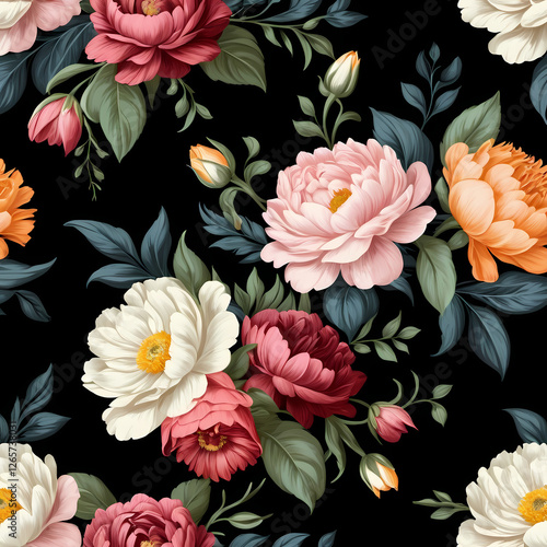 Vintage bouquet of beautiful flowers on black. Floral background