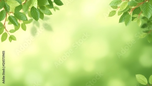 A softly blurred natural background with gentle green hues and a vibrant leafy frame. Sunlight filters through the foliage, a serene and refreshing atmosphere.