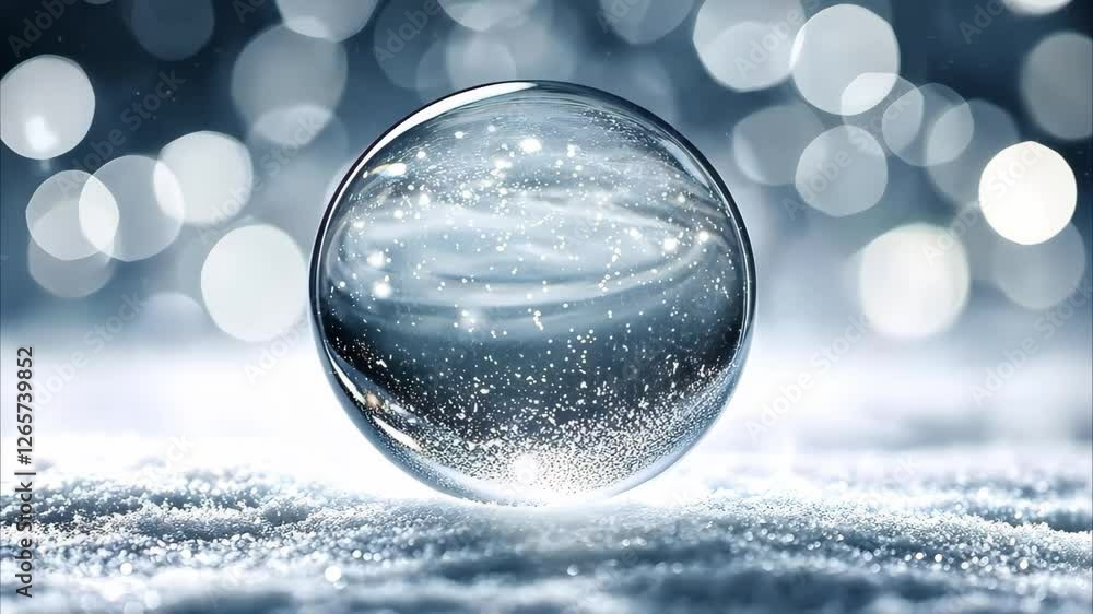 A clear glass sphere rests on a snowy surface, surrounded by soft, blurred lights, creating a magical, wintry atmosphere. A clear glass sphere rests on a snowy surface, surrounded by soft, blurred lights, creating a magical, wintry atmosphere.