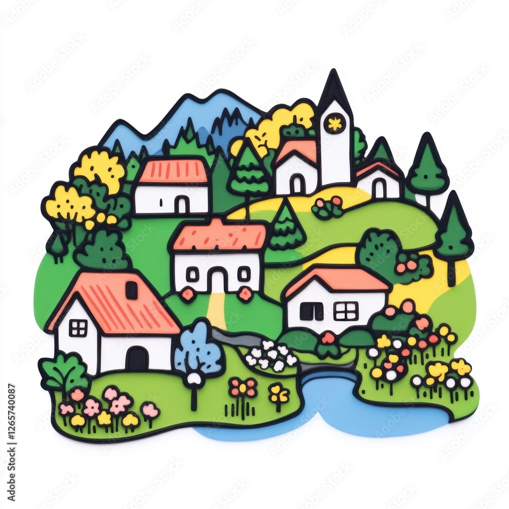 Naklejka premium Colorful Illustrated Village Landscape with Houses, Trees, Mountains, and River in a Charming Art Style