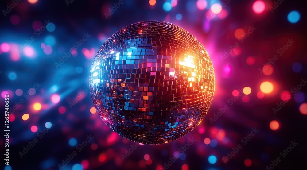Obraz premium Shiny disco ball reflecting colorful lights at night dance party with vibrant bokeh background