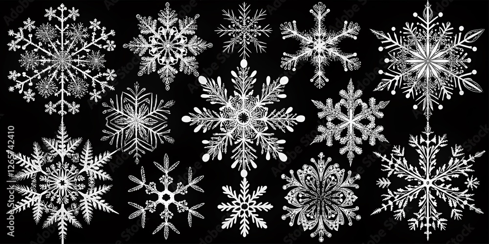 Elegant Black & White Hand-Drawn Snowflake Set, Winter Holiday Design Elements Elegant Black & White Hand-Drawn Snowflake Set, Winter Holiday Design Elements