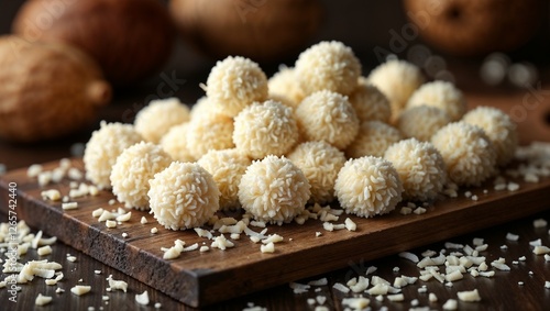 Beijinho dessert, sweet mood, arranged on wooden board, with coconut flakes in background photo