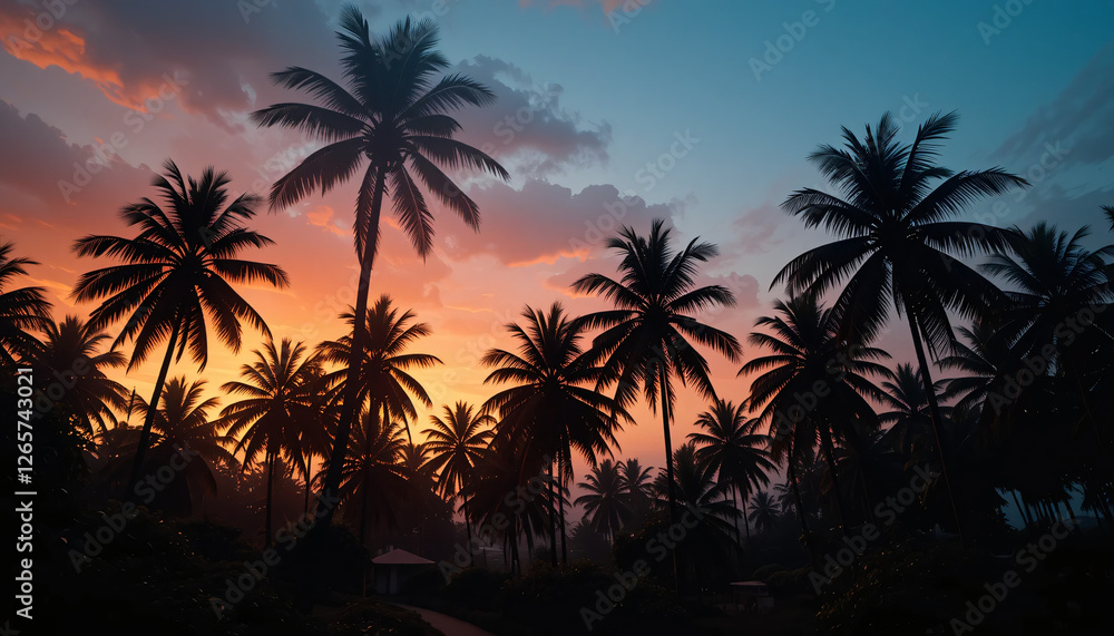 Pixelated Palm Trees Silhouette At Sunset Pixelated Palm Trees Silhouette At Sunset