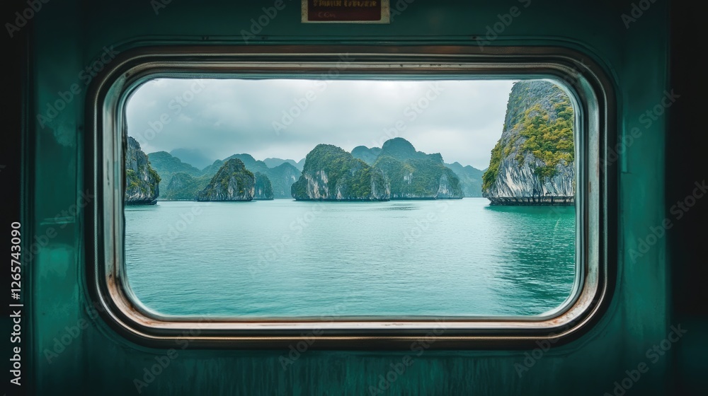 Fototapeta premium A train ride through Vietnam Ha Long Bay, showcasing limestone islands rising from emerald waters through the window.