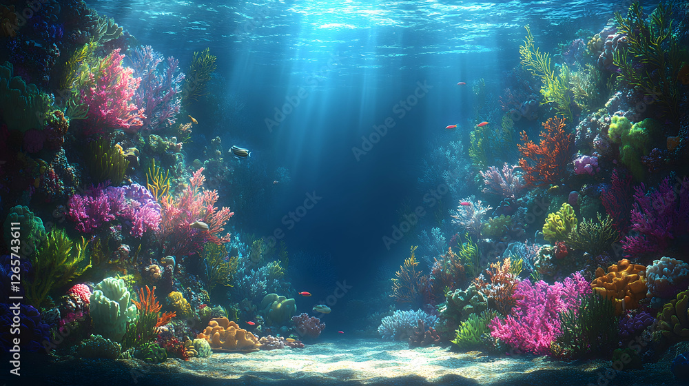 Fototapeta premium Vibrant coral reef underwater scene, ocean background, ideal for marine life documentaries