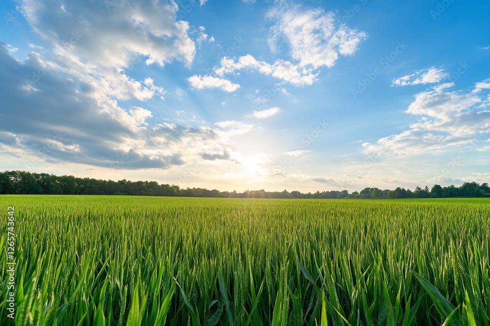 Expansive green field under a vibrant blue sky at sunset, serene landscape Expansive green field under a vibrant blue sky at sunset, serene landscape