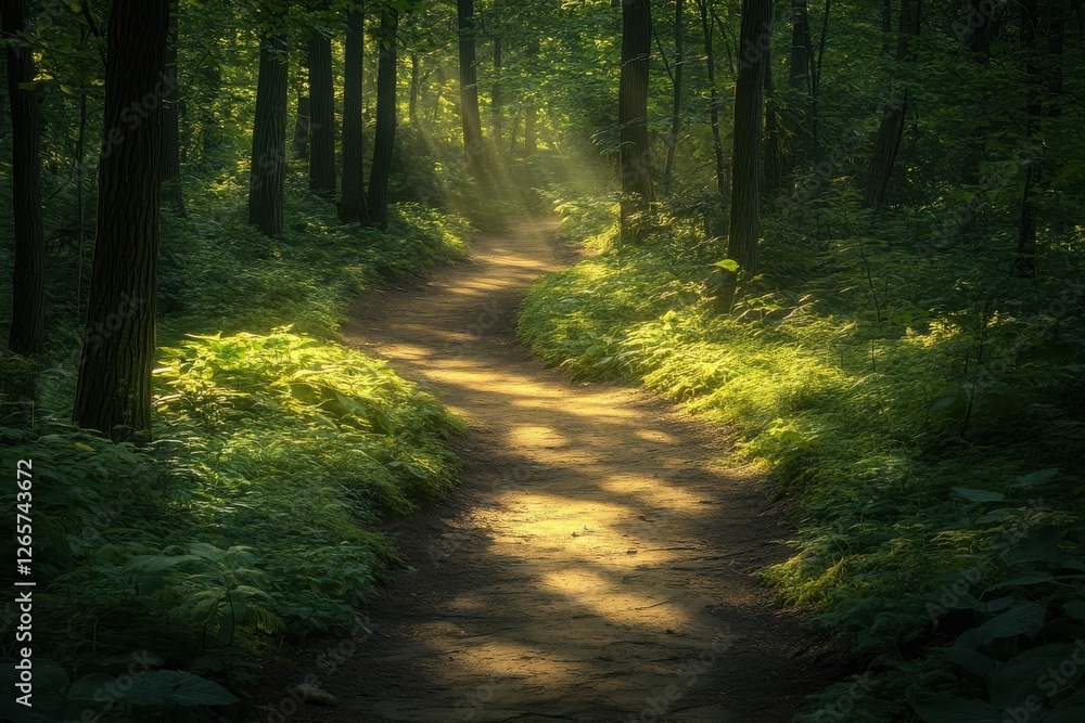 Obraz premium Serene Forest Path Illuminated by Soft Sunlight Amidst Lush Greenery in a Tranquil Botanical Setting