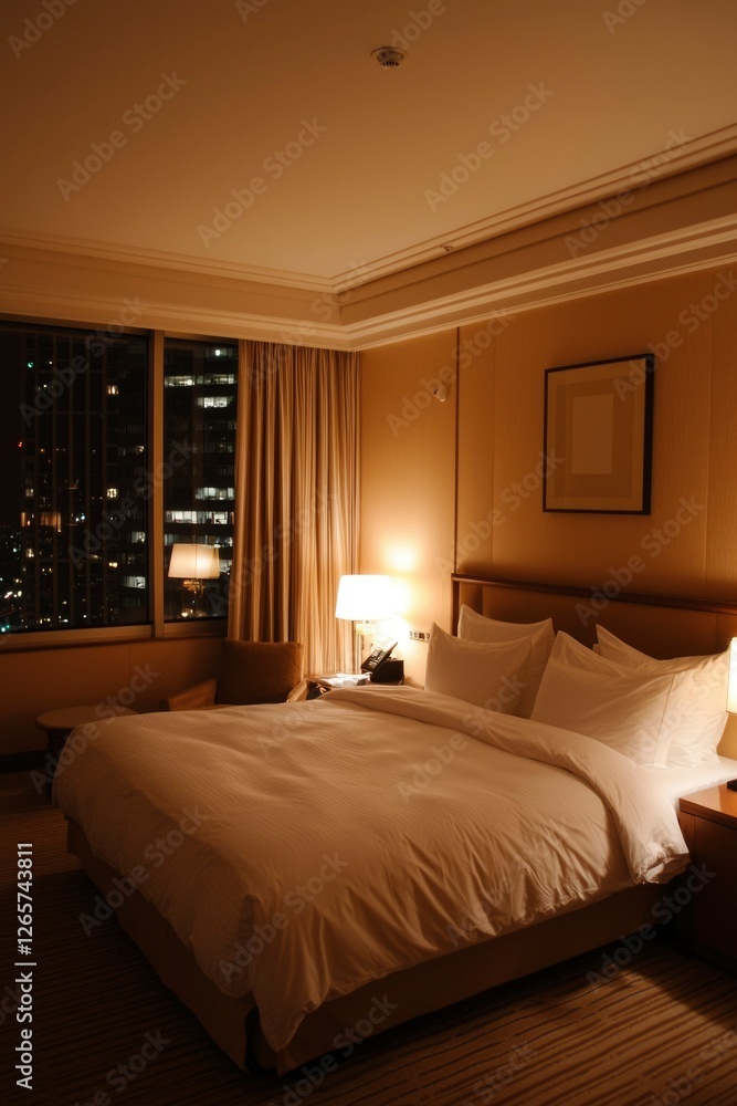 Fototapeta premium Cozy hotel bedroom with city view at night for vacation or business stay