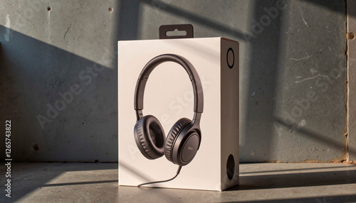 Stylish headphone box mockup in industrial setting, product showcase