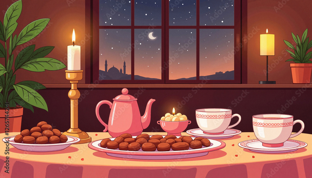 Fototapeta premium Elegant tea set and sweets on table at night, celebrating togetherness