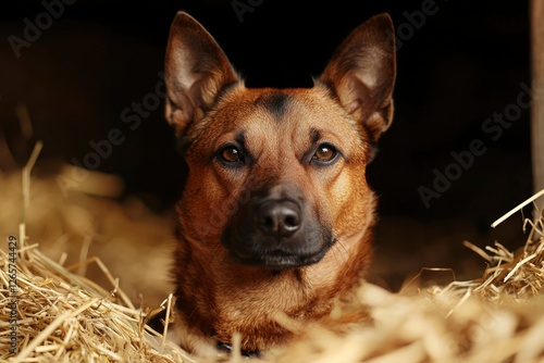 Dog portrait in barn, looking at camera, hay background, stock photo, pet blog photo